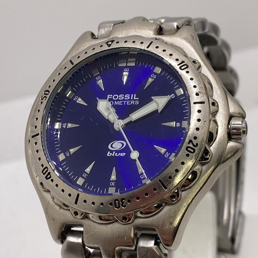 Fossil Blue Mens Silver Tone Watch Works Nee Battery